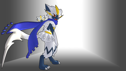 My fursona, a shiny Zeraora with darker blue fur, red eyes, and Niko's scarf, standing in a void with a gradient from black to white, converging in a white rectangular that they're facing. They're looking behind them to the camera and offering a paw.